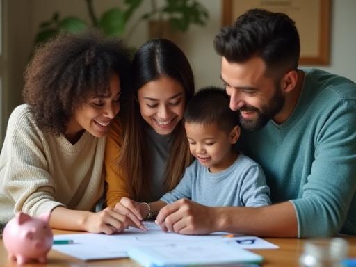 Familia sonriendo mientras planifica su presupuesto.